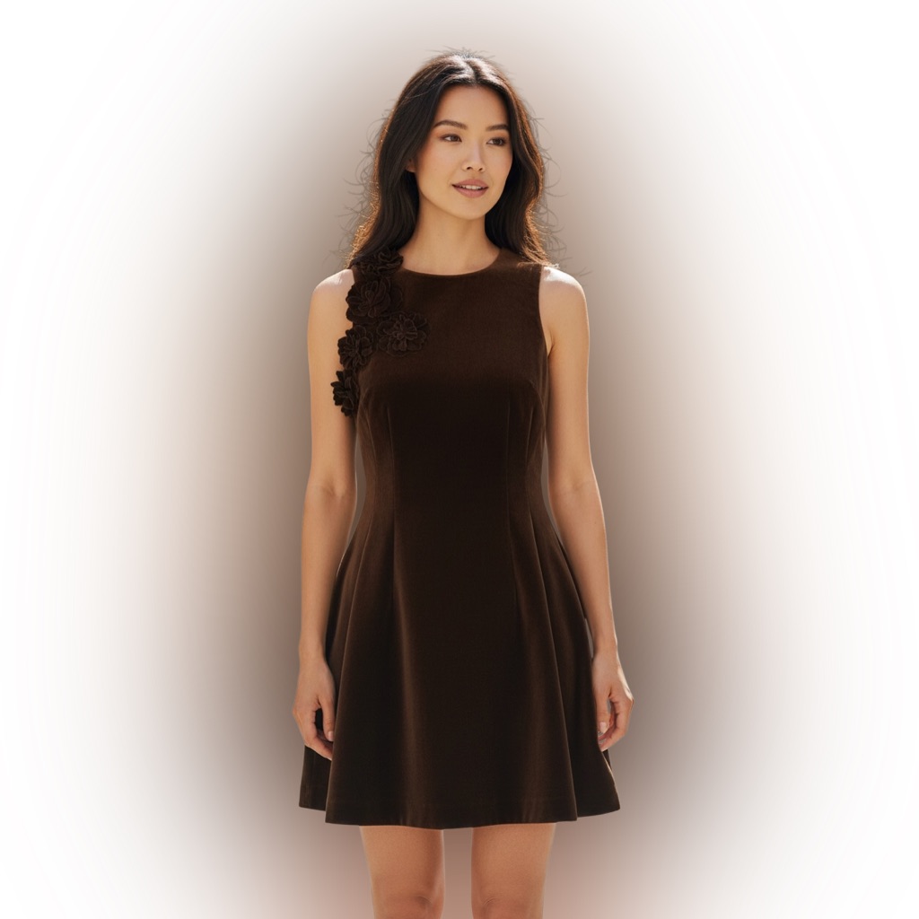 Muse By Marchesa Elm Woven Velvet 3d Rosette Round Neck Sleeveless Mini Dress 4